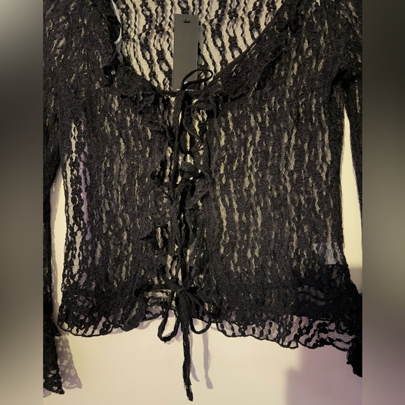 Lulus Flirty Aura Sheer Lace Ruffled Long Sleeve Tie-Front Top - Picture 4 of 9